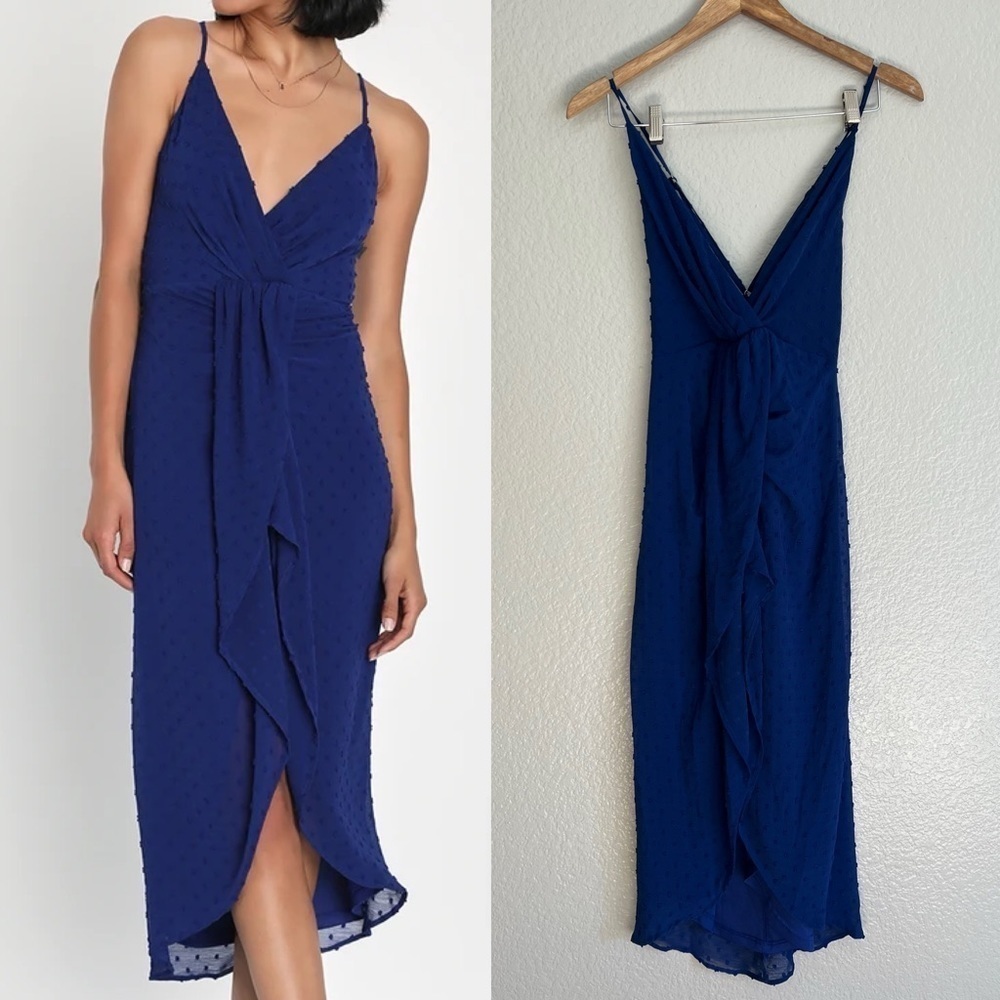 Stylish Invite Dark Blue Swiss Dot Surplice Midi Tulip Dress